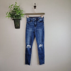 American Eagle Super Hi Rise Jegging Dark Wash Distressed Skinny Ripped Jeans 0